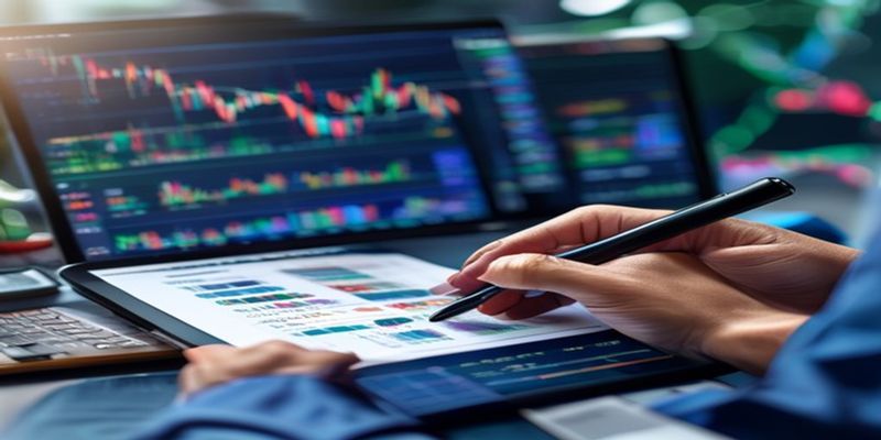 trader reviewing weekly trade journal on a tablet with charts and notes